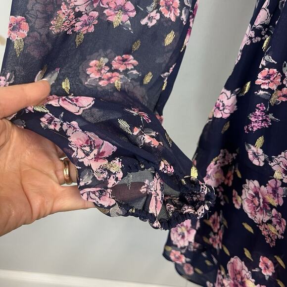 City Studio Dress size Small Navy Blue Pink Gold Floral Sheer Ruffles Wedding - Picture 5 of 11